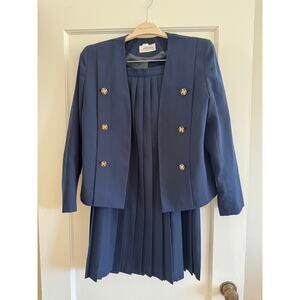 Vintage 80s 90s Lilli Ann Collection Pleated Skirt Suit Navy Blue ILGWU